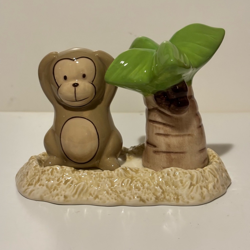 Ceramic Monkey and Palm Tree Salt and Pepper Shakers with Base